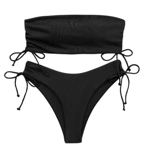 PREORDER Ribbed Bandeau Side Tie 2 Piece Bikini - Black