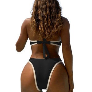 PREORDER Strapless Contrast Trim Metal Detail High Waist 2 Piece Bikini - Black