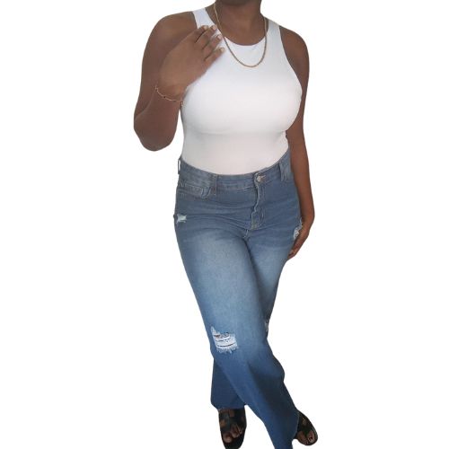 Ripped Dark Wash Full Length Cut Off Denim Mom Jeans (No Stetch)