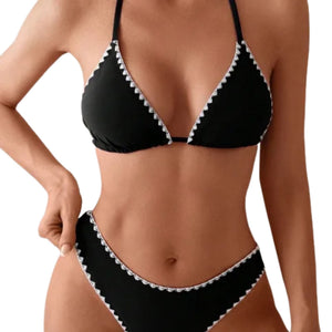 PREORDER Triangle Scalloped Trim 2 Piece Bikini - Black