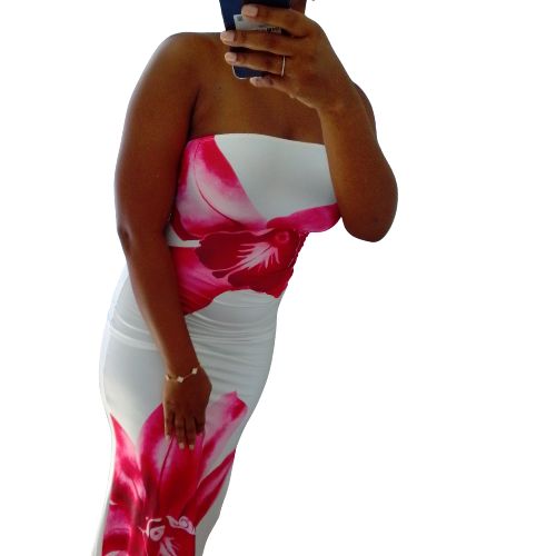 White Tropical Floral Print Strapless Tube Side Slit Maxi Dress