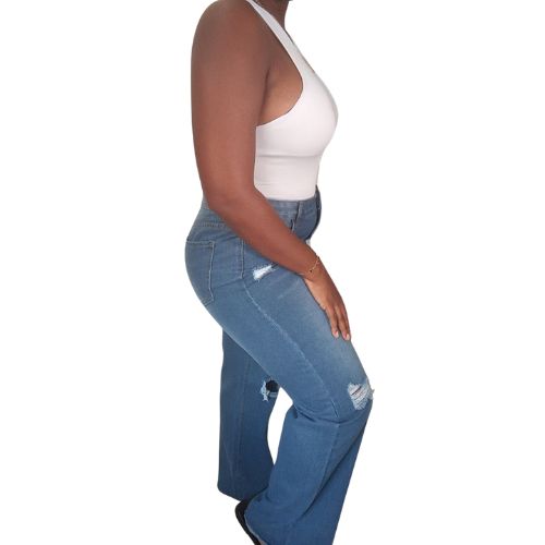Ripped Dark Wash Full Length Cut Off Denim Mom Jeans (No Stetch)