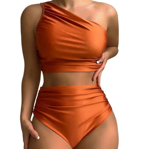 PREORDER Ruched One Shoulder High Waist 2 Piece Bikini - Burnt Orange