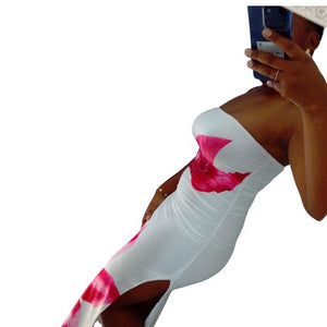 White Tropical Floral Print Strapless Tube Side Slit Maxi Dress