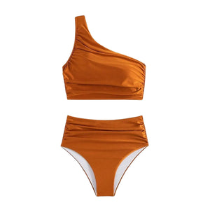PREORDER Ruched One Shoulder High Waist 2 Piece Bikini - Burnt Orange