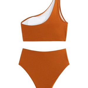 PREORDER Ruched One Shoulder High Waist 2 Piece Bikini - Burnt Orange