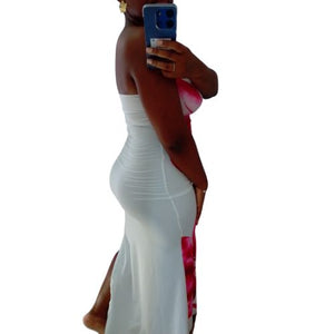 White Tropical Floral Print Strapless Tube Side Slit Maxi Dress