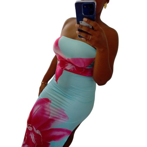 Blue Tropical Floral Print Strapless Tube Side Slit Maxi Dress