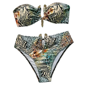PREORDER Gold Detail Mixed Animal Print Bandeau High Waist 2 Piece Bikini - Multi