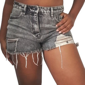 Grey Cotton Acid Wash Cut Off Distressed Denim Jeans Shorts (No Stretch)