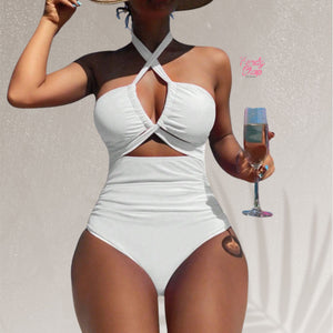 PREORDER Halter Neck Ruched Solid Monokini - White