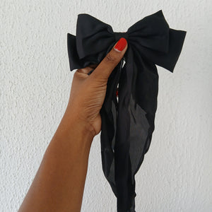 Oversized Long Tail Satin Bow Hair Clip - Black