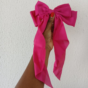 Oversized Long Tail Satin Bow Hair Clip - Hot Pink