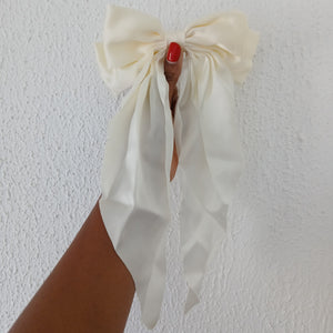 Oversized Long Tail Satin Bow Hair Clip - Off White