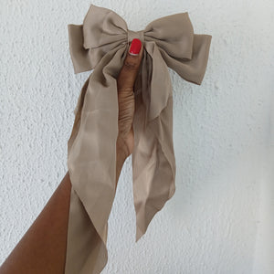 Oversized Long Tail Satin Bow Hair Clip - Light Taupe