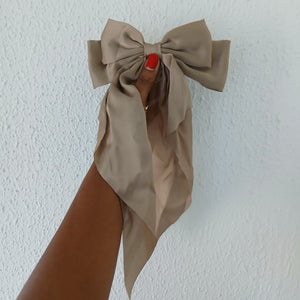 Oversized Long Tail Satin Bow Hair Clip - Light Mocha