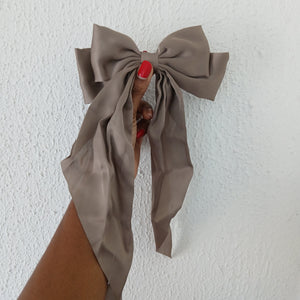 Oversized Long Tail Satin Bow Hair Clip - Dark Taupe