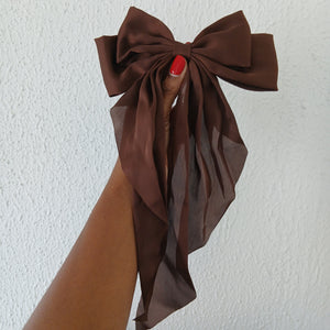Oversized Long Tail Satin Bow Hair Clip - Dark Brown