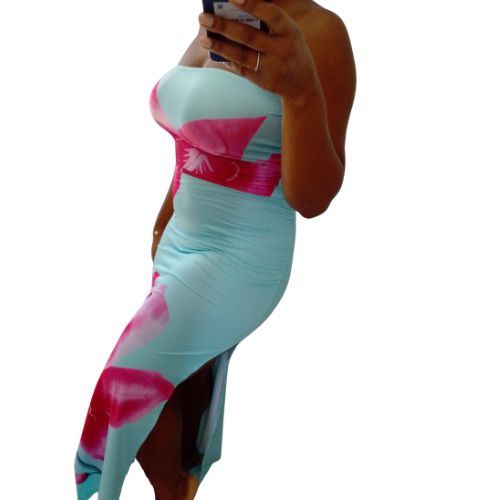 Blue Tropical Floral Print Strapless Tube Side Slit Maxi Dress