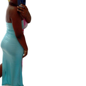 Blue Tropical Floral Print Strapless Tube Side Slit Maxi Dress