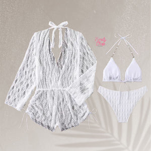PREORDER 3 Piece Lacy Heart Halter String Romper Bikini Set - White