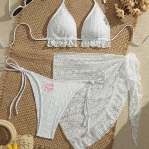 PREORDER 3 Piece Ruffled Lace Halter String Bikini Set - White
