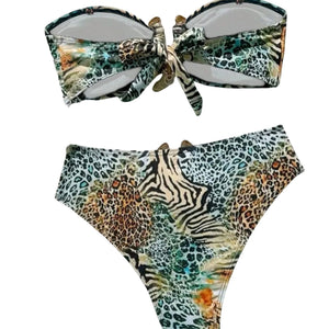 PREORDER Gold Detail Mixed Animal Print Bandeau High Waist 2 Piece Bikini - Multi