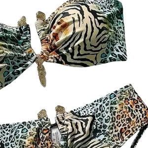 PREORDER Gold Detail Mixed Animal Print Bandeau High Waist 2 Piece Bikini - Multi