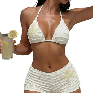 PREORDER Beige Sequin Starfish Boxer Short 2 Piece Bikini - White