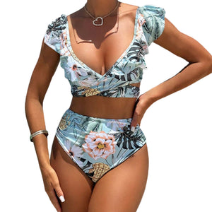 PREORDER Tropical Print Crossover High Waist 2 Piece Bikini - Mint Green