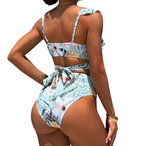 PREORDER Tropical Print Crossover High Waist 2 Piece Bikini - Mint Green