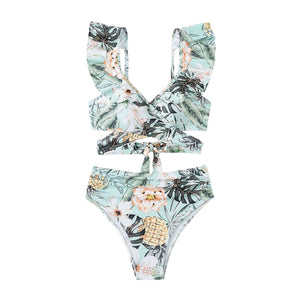 PREORDER Tropical Print Crossover High Waist 2 Piece Bikini - Mint Green