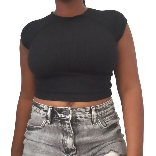 Black Ribbed Knit Stretch Short Sleeve Slim Fit Crop Top