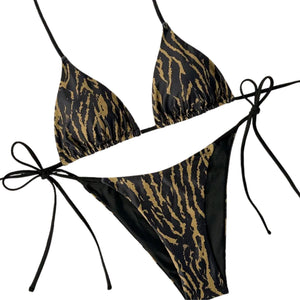 PREORDER Triangle String Tiger Print 2 Piece Bikini - Black