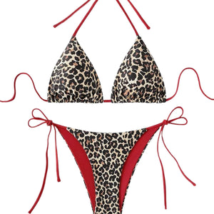 PREORDER Triangle String Red Lined Animal Print 2 Piece Bikini - Leopard