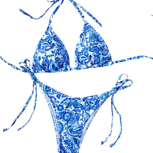 PREORDER Triangle String Paisley Print 2 Piece Bikini - Blue