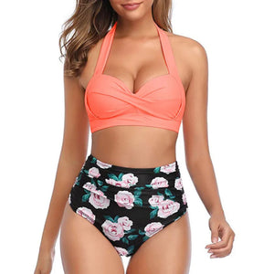 PREORDER Retro Mix and Match Twist Front High Waist 2 Piece Bikini - Coral Floral