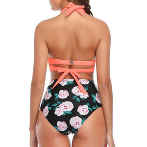 PREORDER Retro Mix and Match Twist Front High Waist 2 Piece Bikini - Coral Floral