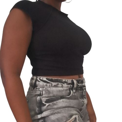 Black Ribbed Knit Stretch Short Sleeve Slim Fit Crop Top