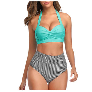 PREORDER Retro Mix and Match Twist Front High Waist 2 Piece Bikini - Striped Mint