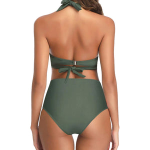 PREORDER Retro Solid Twist Front High Waist 2 Piece Bikini - Green