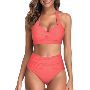 PREORDER Retro Solid Twist Front High Waist 2 Piece Bikini - Coral Pink