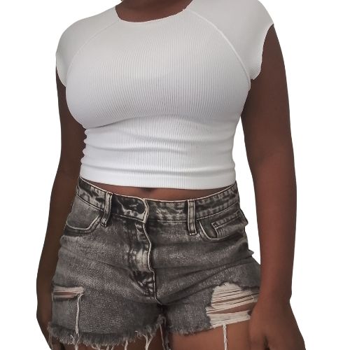 White Ribbed Knit Stretch Short Sleeve Slim Fit Crop Top