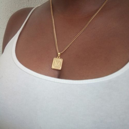 Stainless Gold Initial Square Pendant Necklace - V