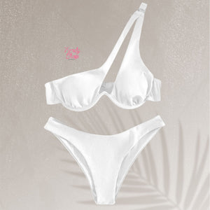 Asymmetrical Cut Out Solid Bikini - White