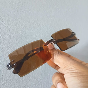 Amber Brown Lightweight Y2K Rectangle Rimless Frame Sunglasses - Alizay
