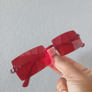 Red Lightweight Y2K Rectangle Rimless Frame Sunglasses - Alizay