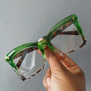 Green Leopard Gradient Square Oversized Frame Clear Glasses - Valeria