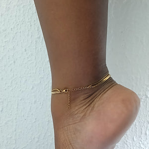 Stainless Gold Double Layered Flat Herringbone Chain Anklet