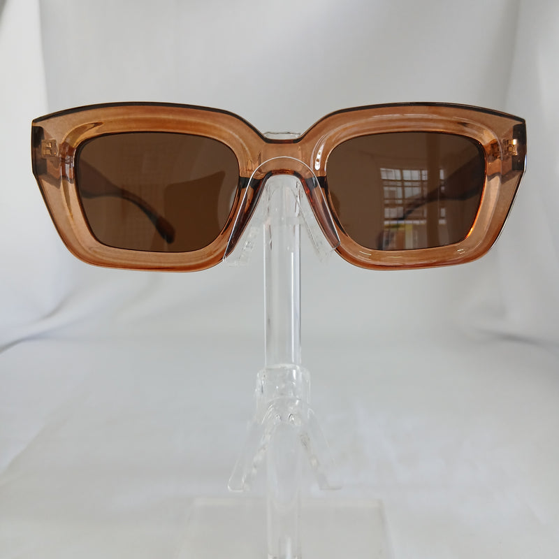 Glossy Brown Silver Bar Detail Thick Angled Frame Sunglasses - Kathryn